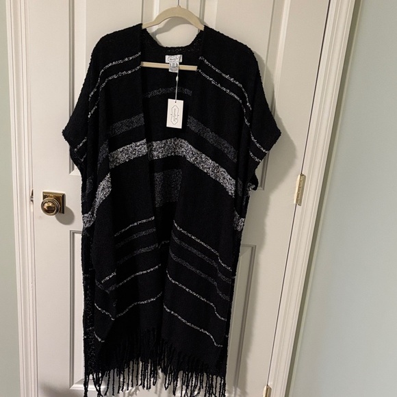 MudPie Black and Gray & White Striped Fringe Long Open Cardigan - Picture 1 of 7